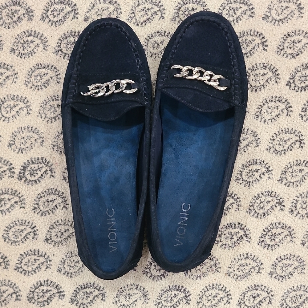 Vionic Navy Loafers with Silver Chain Accent - Picture 3 of 7